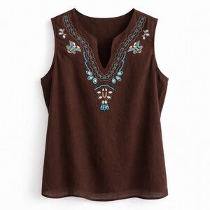 NY Collection Brown & Turquoise Embroidered Beaded Tank Top Linen Blend Size L